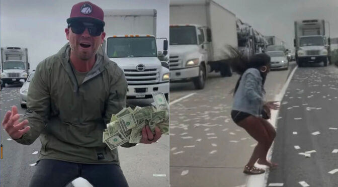 视频:圣地亚哥高速公路抢捡钞票两人被捕